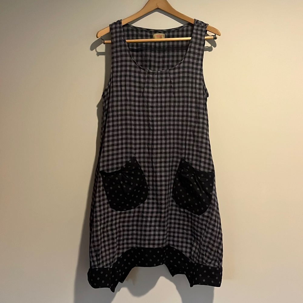 Funky black and grey plaid and polka dot dress by Tulip.